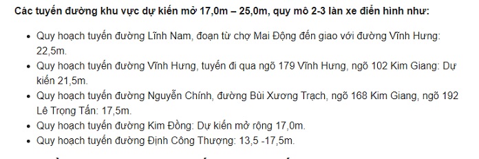 Thông tin chi tiết về các tuyến đường khu vực dự kiến mở rộng