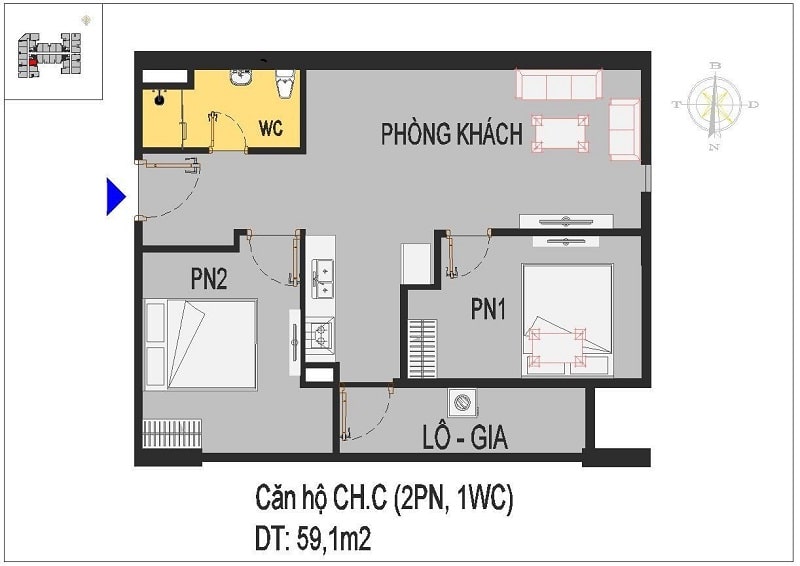 Căn hộ thiết kế 2 phòng ngủ C