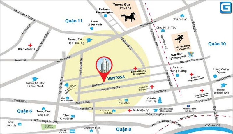 Ventosa Luxury Tân Đại Thành nằm ở khu vực trung tâm quận 5, ngay tại mặt đường Tân Thành